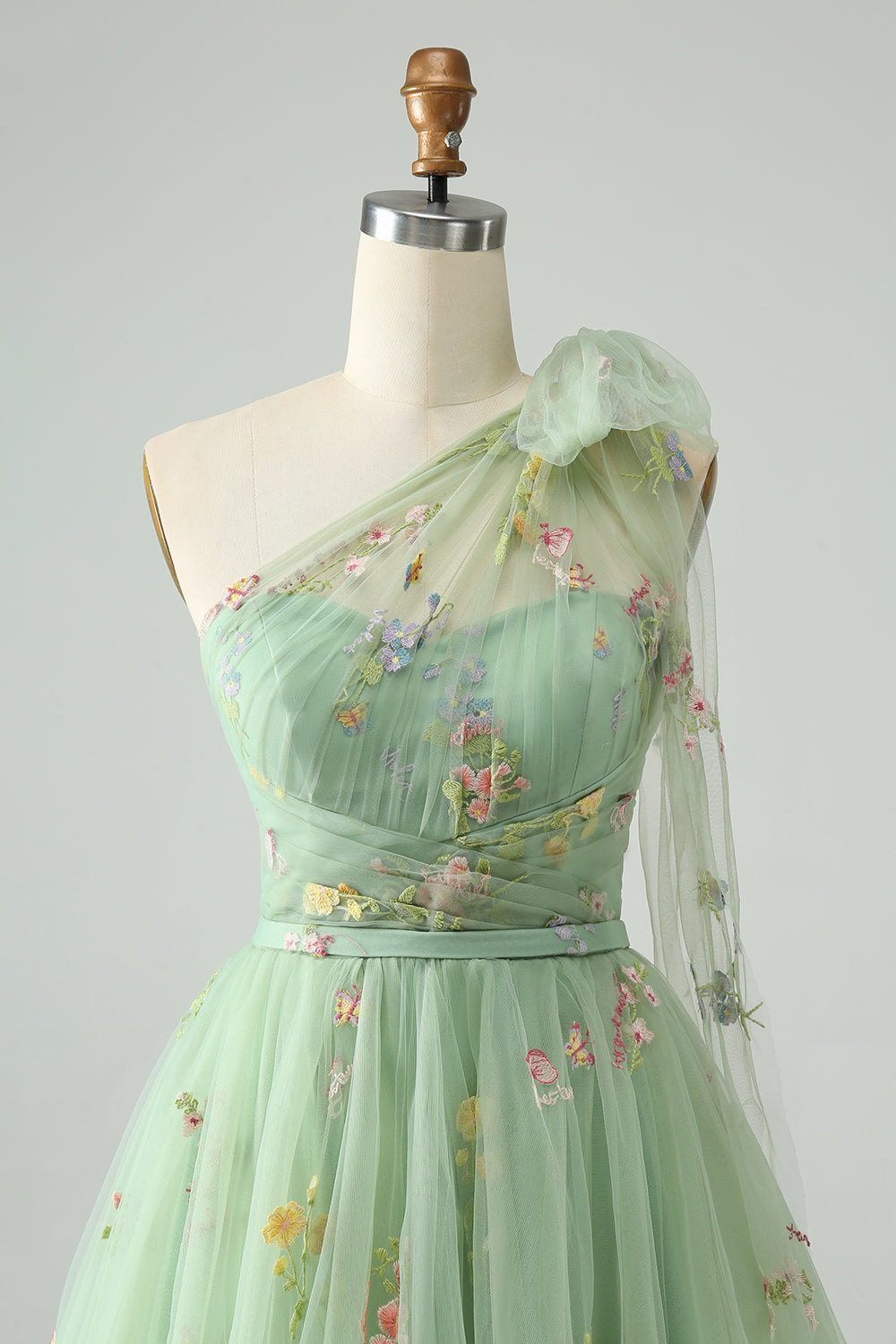 Light Green A Line One Shoulder Tulle Homecoming Dress with Floral Embroidery Customized