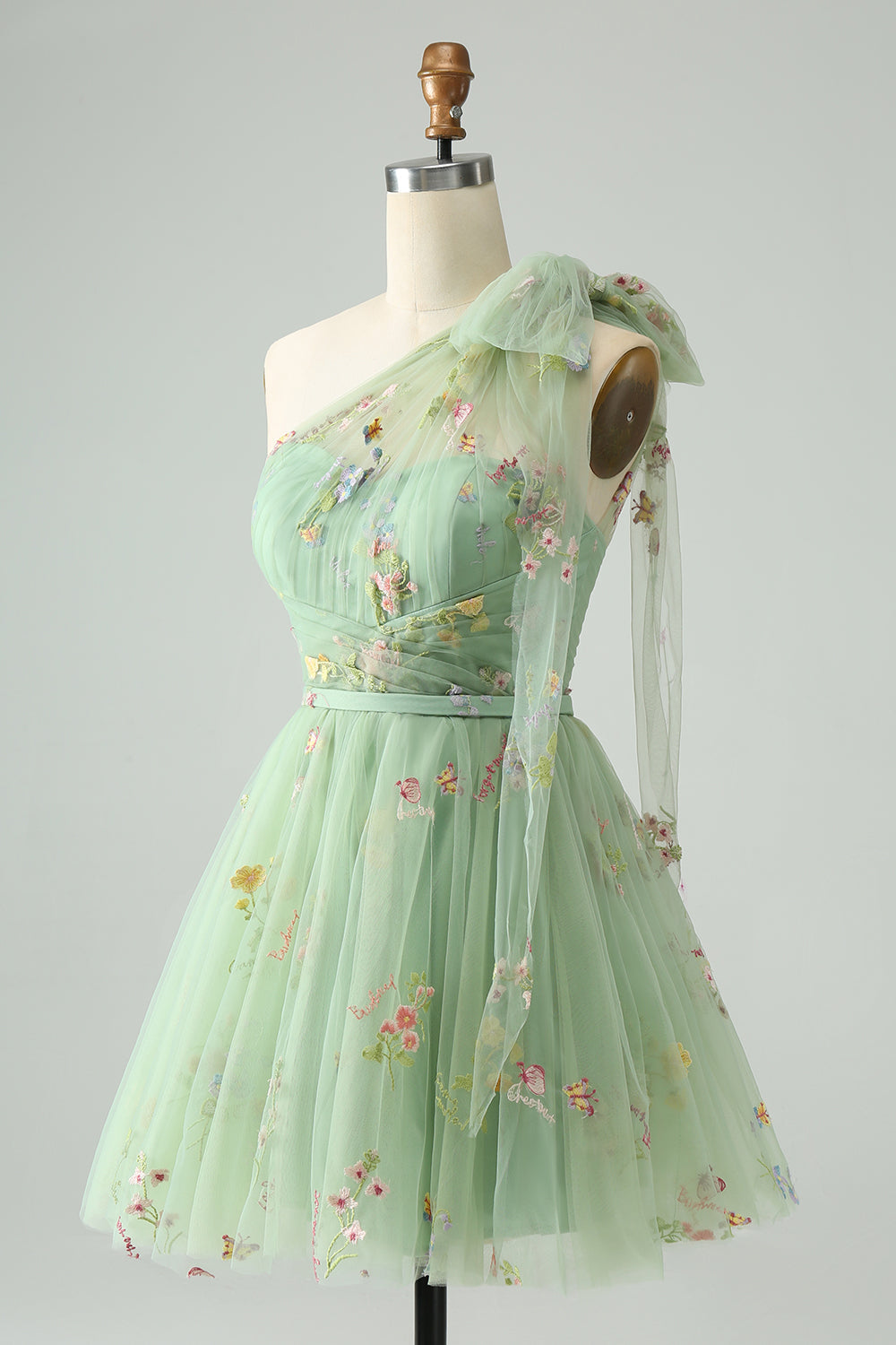 Light Green A Line One Shoulder Tulle Homecoming Dress with Floral Embroidery Customized