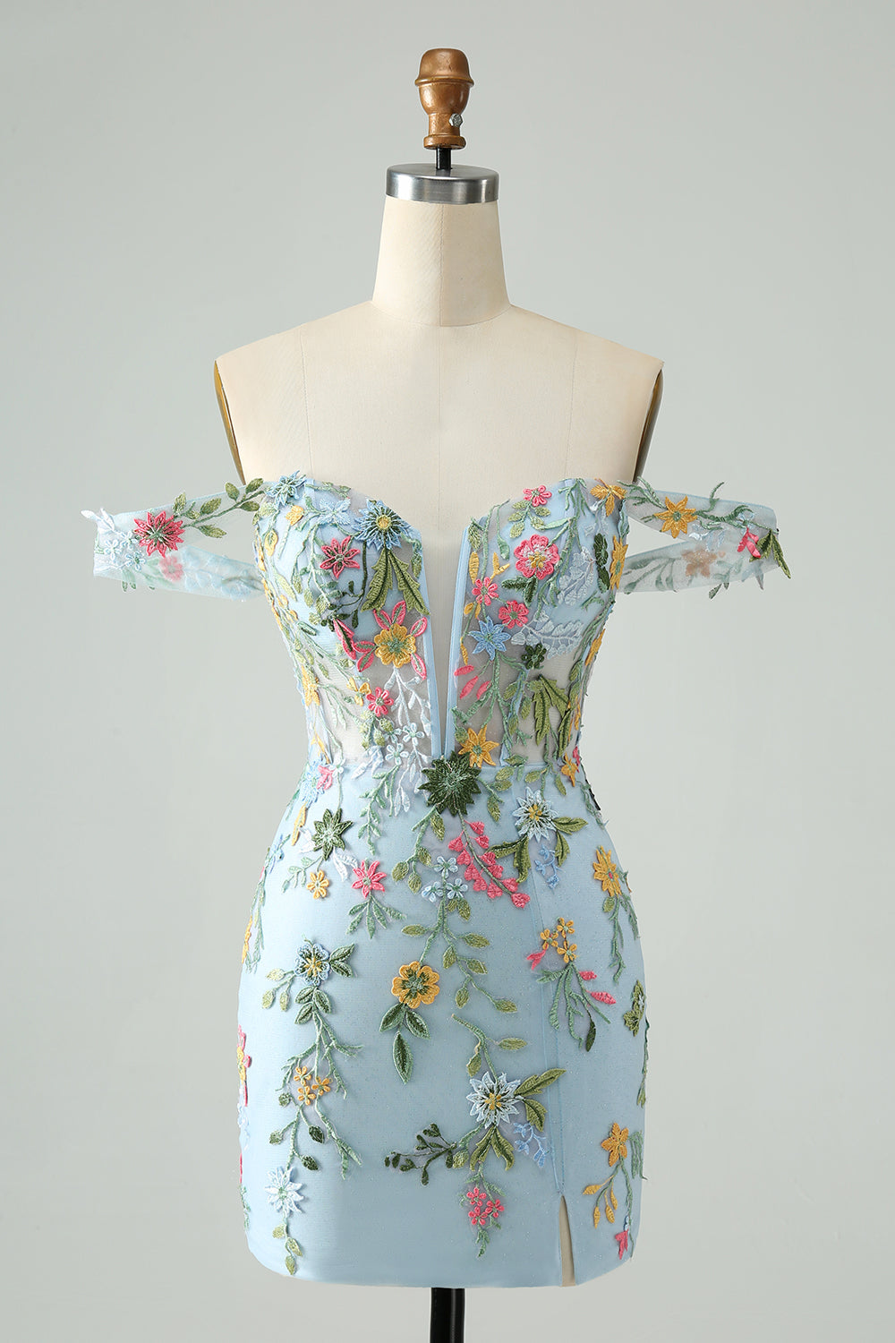 Blue Flower Mermaid Off The Shoulder Corset Short Homecoming Dress with Embroidery Customized