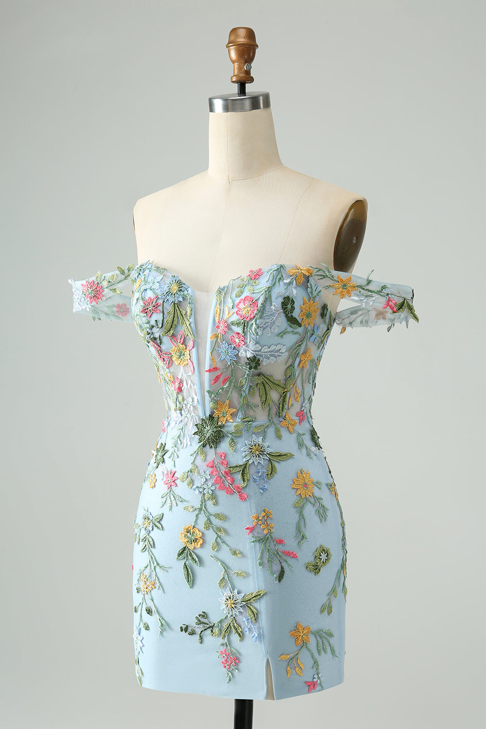 Blue Flower Mermaid Off The Shoulder Corset Short Homecoming Dress with Embroidery Customized