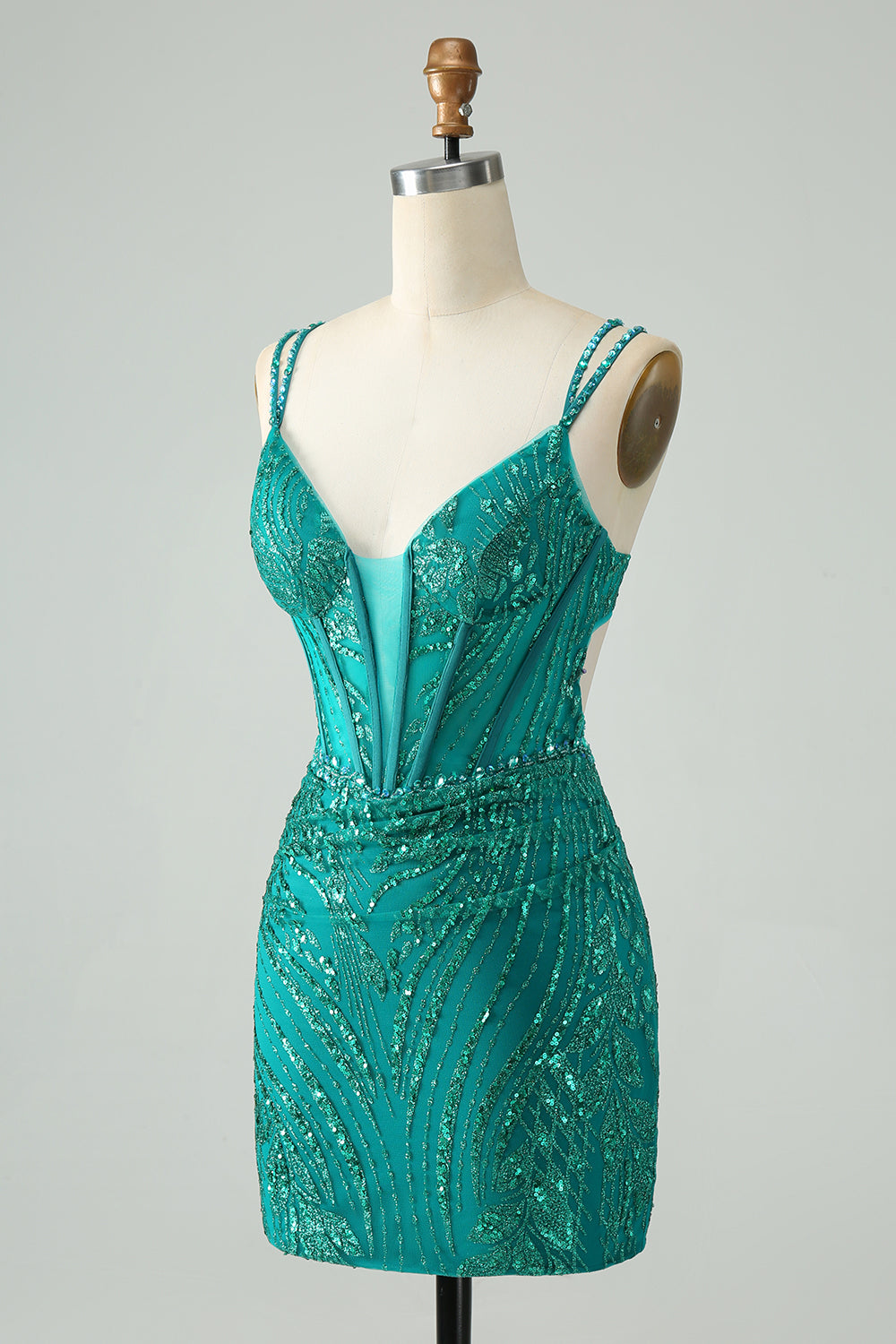 Classy Dark Green Bodycon Spaghetti Straps Corset Sequin Short Homecoming Dress Customized