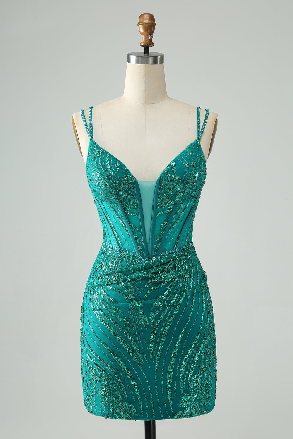 Classy Dark Green Bodycon Spaghetti Straps Corset Sequin Short Homecoming Dress Customized