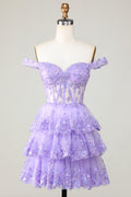 Princess A Line Corset Tiered Purple Short Homecoming Dress with Lace Customized