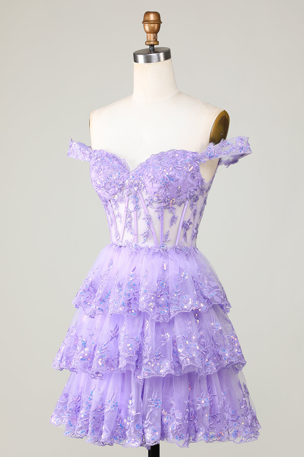 Princess A Line Corset Tiered Purple Short Homecoming Dress with Lace Customized