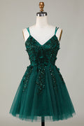Dark Green Stylish A Line Spaghetti Straps Short Homecoming Dress with Beading Customized