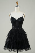 Cute Black A Line Sparkly Sequin Tiered Corset Short Homecoming Dress Customized