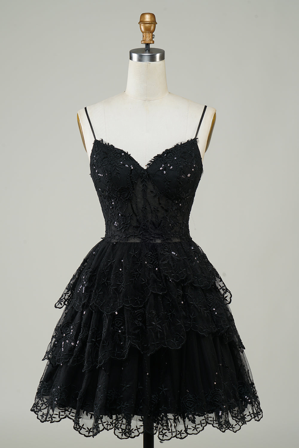 Cute Black A Line Sparkly Sequin Tiered Corset Short Homecoming Dress Customized