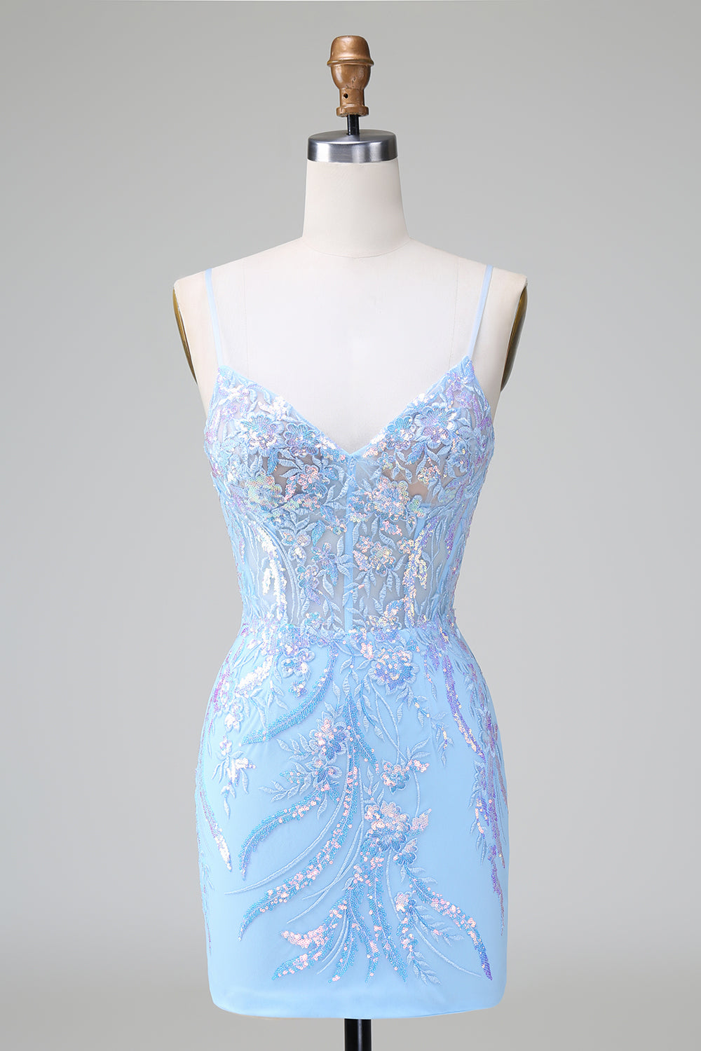 Sparkly Blue Bodycon Spaghetti Straps Corset Short Homecoming Dress with Sequins Customized