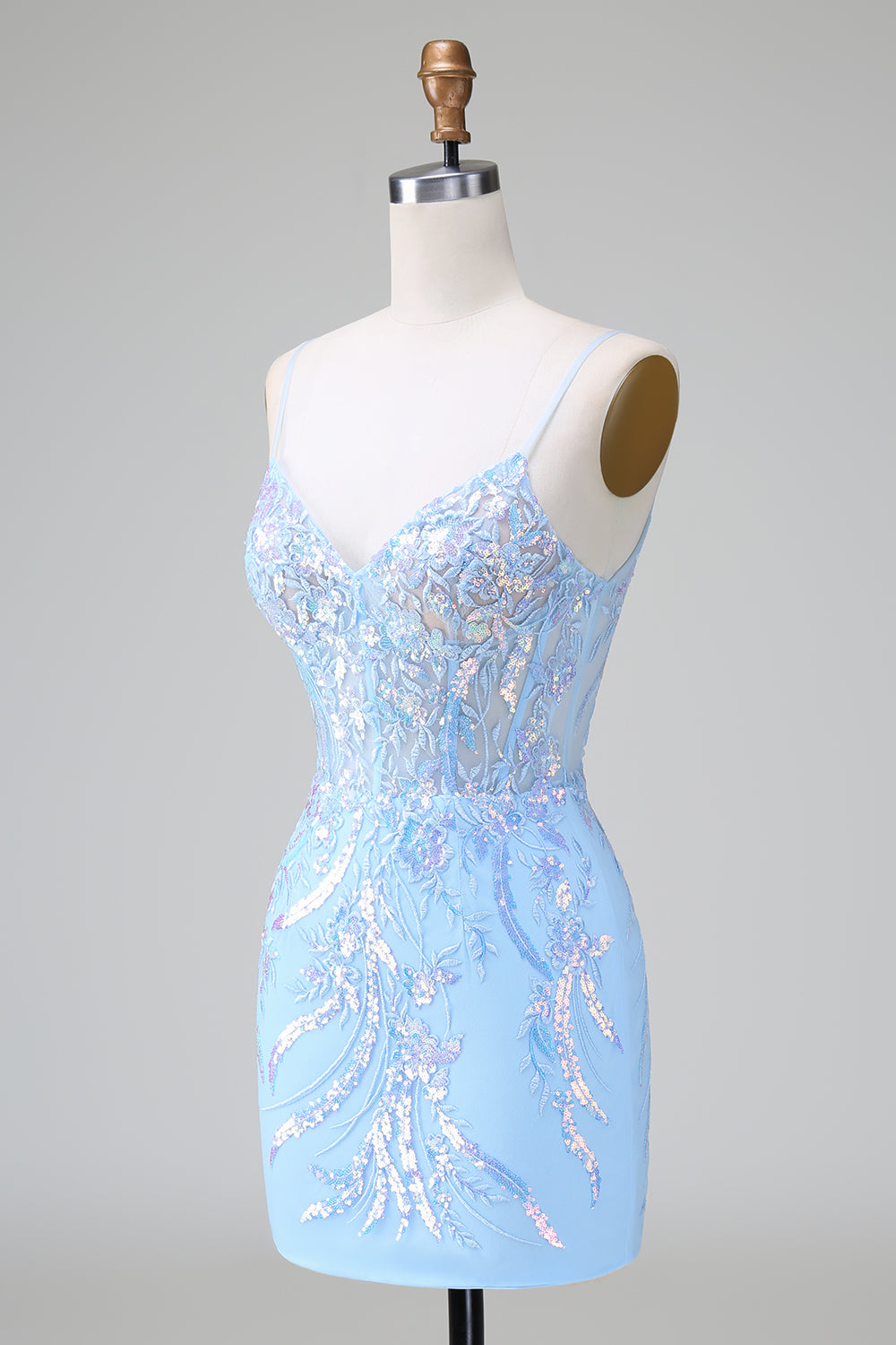 Sparkly Blue Bodycon Spaghetti Straps Corset Short Homecoming Dress with Sequins Customized