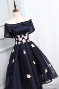 Roycebridal Unique A-Line High Low Off The Shoulder Lace Up Navy Blue Elegant Prom Dresses With Appliques Customized